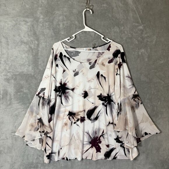 Calvin Klein Top 2X Women Plus Floral Slinky 3/4 Bell Sleeve Career Pink Black - Picture 1 of 7
